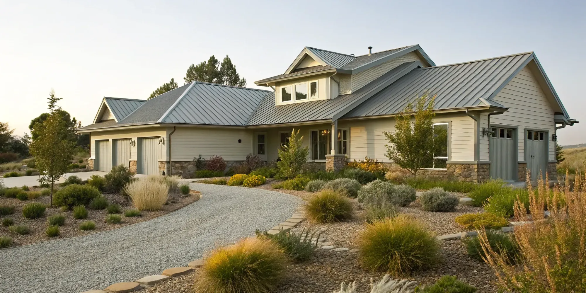 Fire-resistant architectural design for a modern home with a metal roof, stone siding, and defensible landscaping.