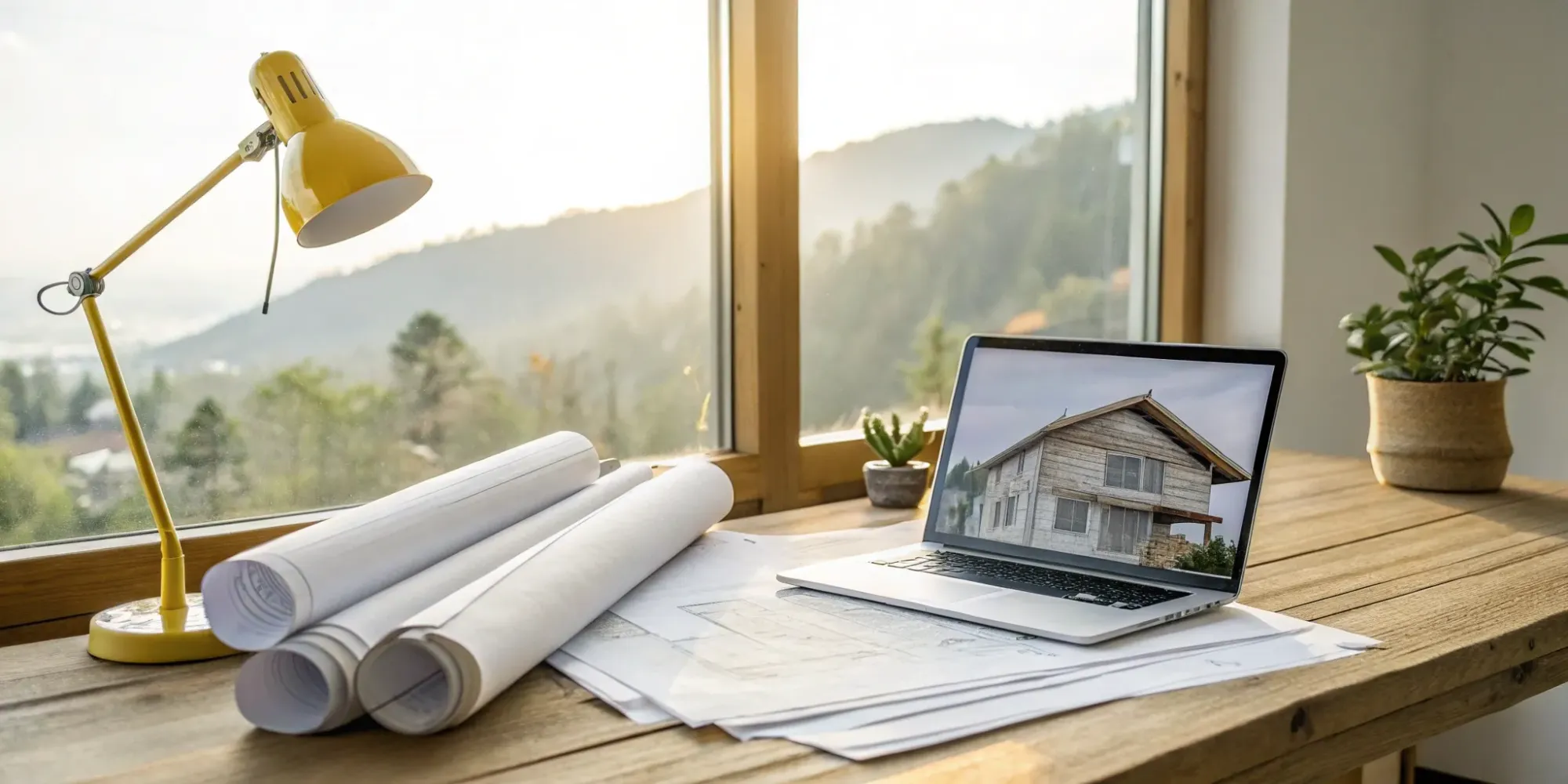 Building plans and a laptop on a desk for insurance approval.