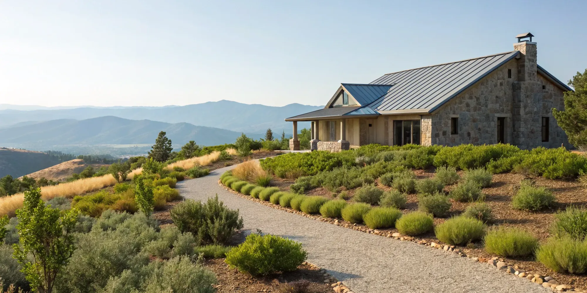 Key features of wildfire resilient architecture: a stone house with a metal roof and defensible space.