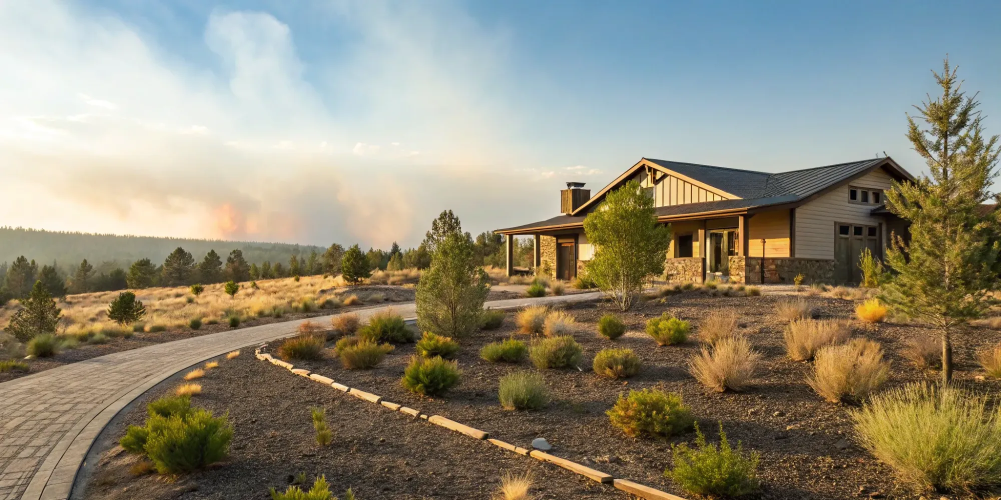A home built using best practices for wildfire resistant construction and defensible space.