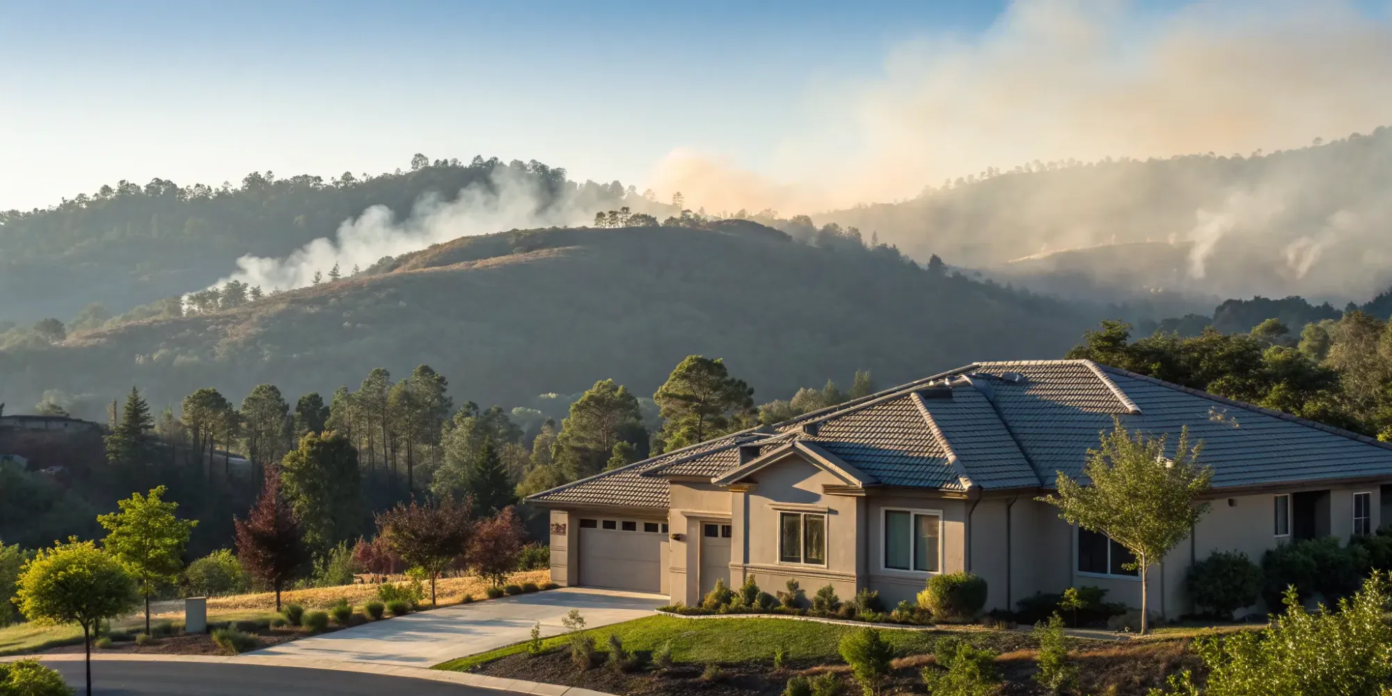 New home construction in a high-risk wildfire zone protected by builders risk insurance.