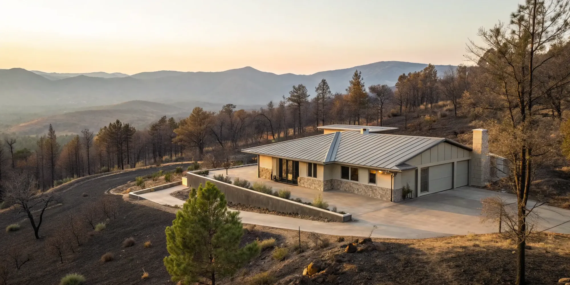 Home with fire-resistant materials and defensible space for building code compliance in wildfire areas.
