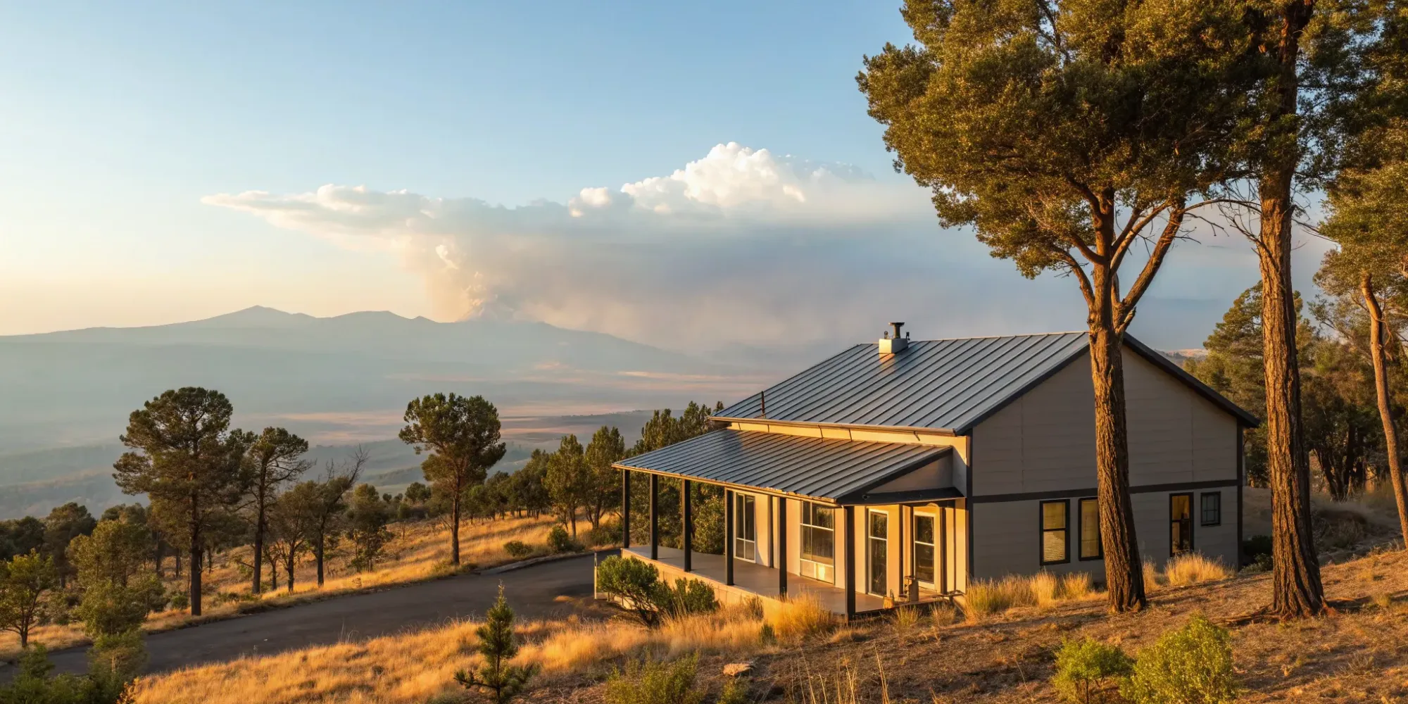 Modern house built to wildfire building code with a metal roof and fire-resistant siding.