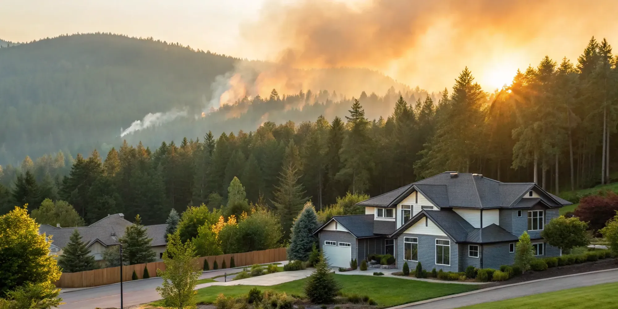 Wildfire resilient architecture protects a modern Massachusetts home near a smoky forest.