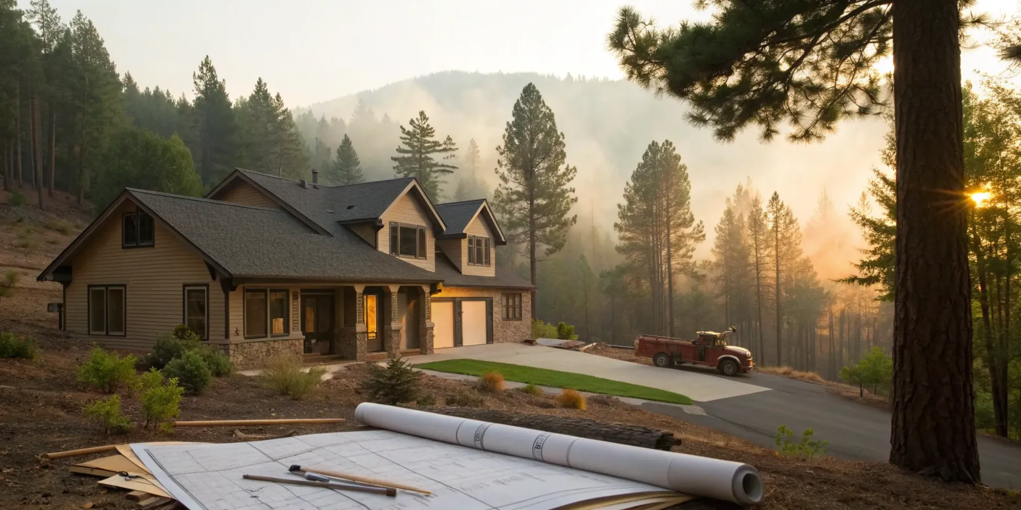 New home construction in a high-risk area with blueprints and a calculator for insurance costs.