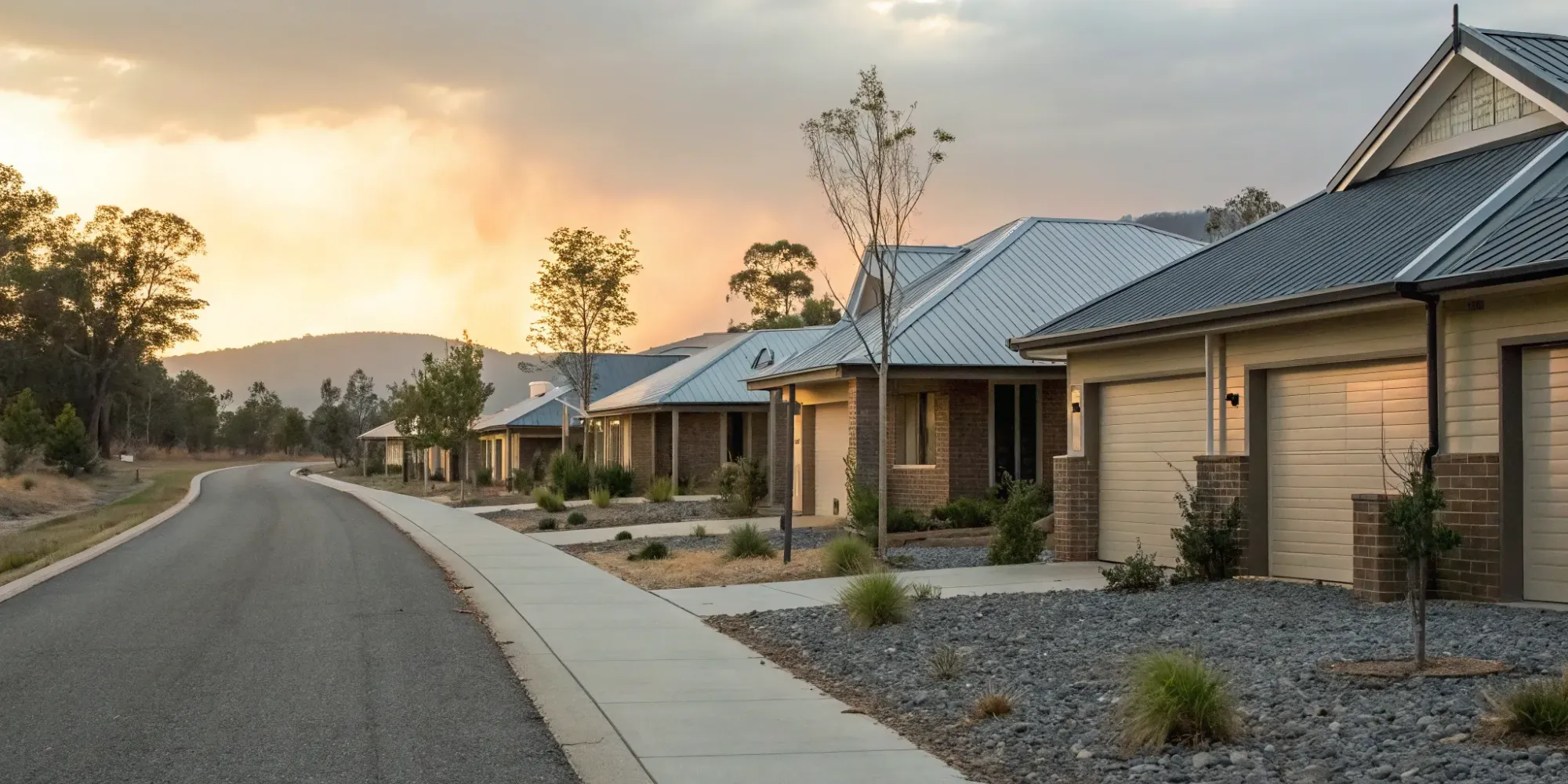 Residential homes built to code for high fire hazard areas with fire-resistant materials.
