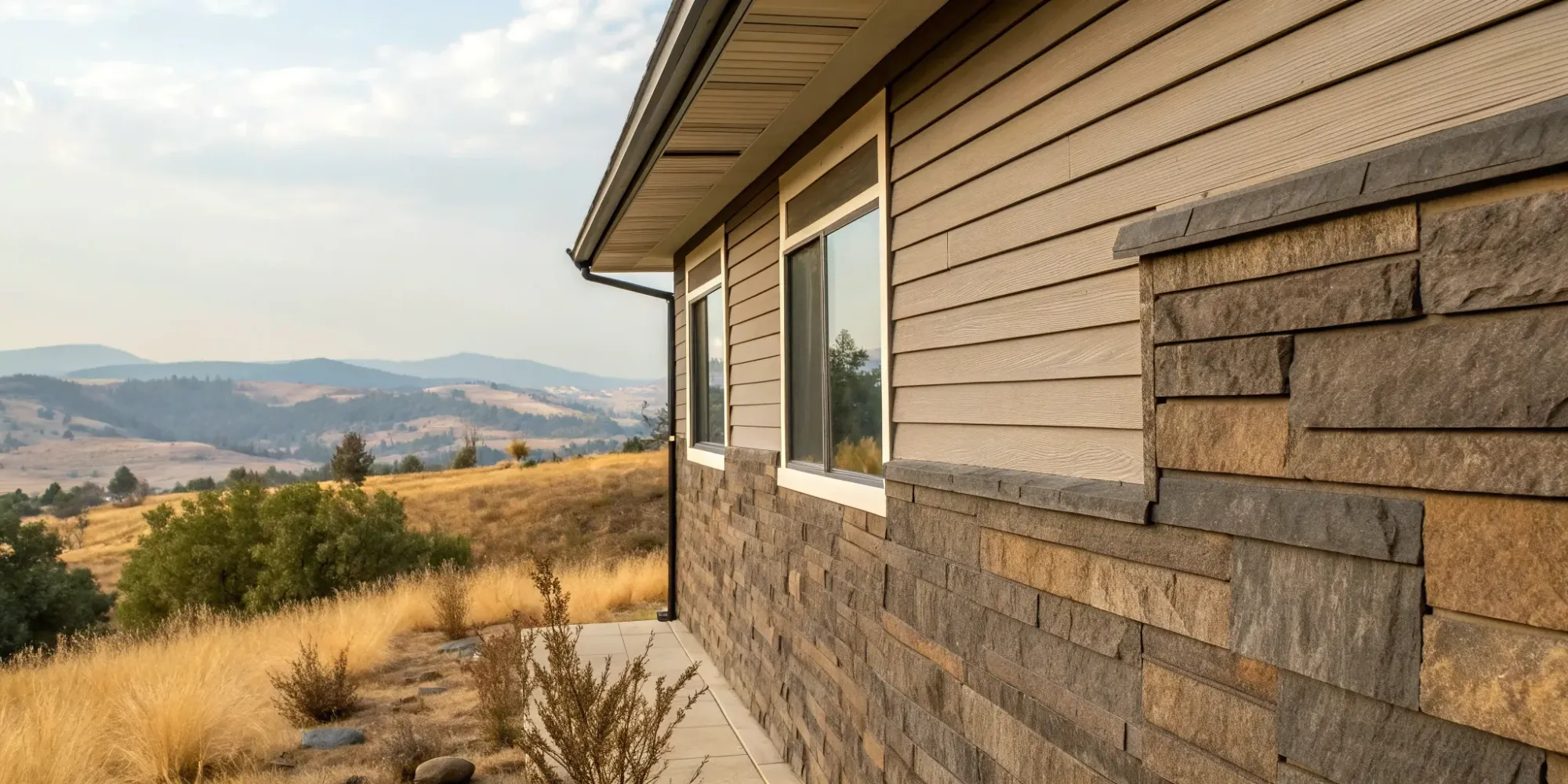 Stone veneer, one of the best non-combustible siding options, on a home in a wildfire-prone area.