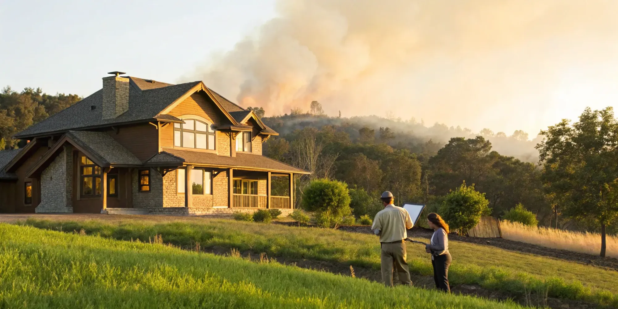 A new construction insurability assessment being performed on a home near a potential wildfire.