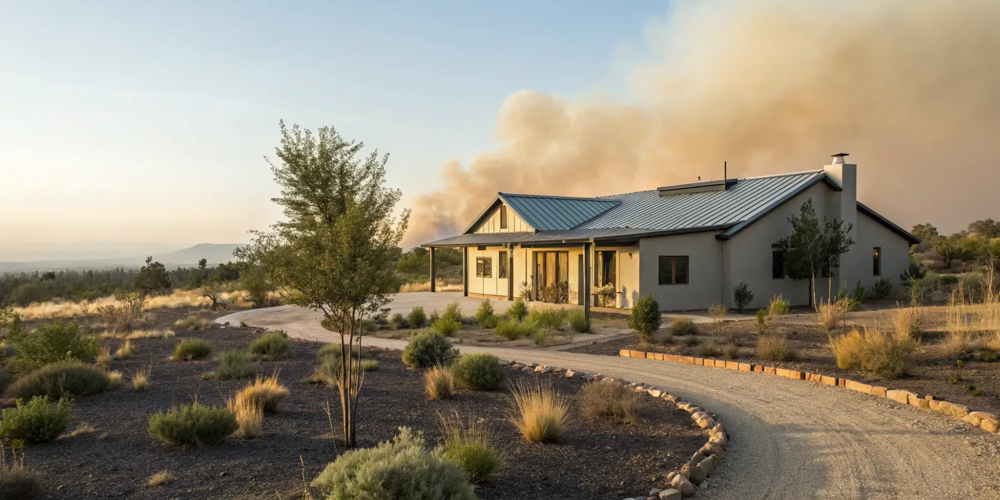 Wildfire resilient home with a metal roof and defensible space as smoke from a fire is seen in the distance.