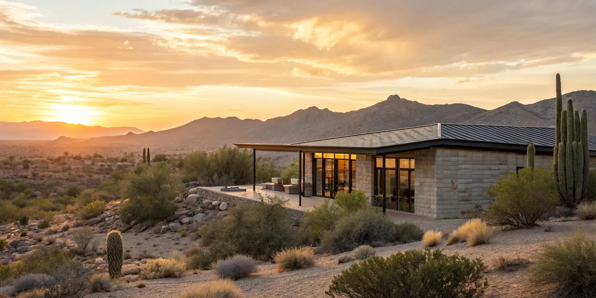 Arizona home featuring recommended fire-resistant materials in a desert landscape.