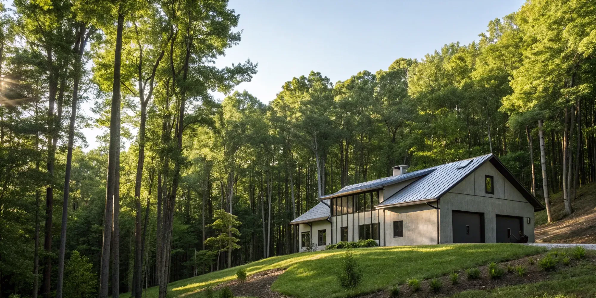 Fire risk assessment for the building plans of a modern home in a high-risk forest area.