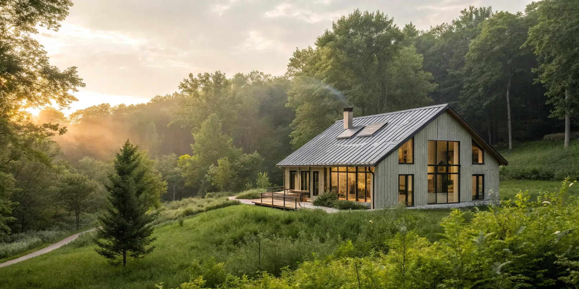 A home built to fire zone building codes with a metal roof and cleared defensible space.