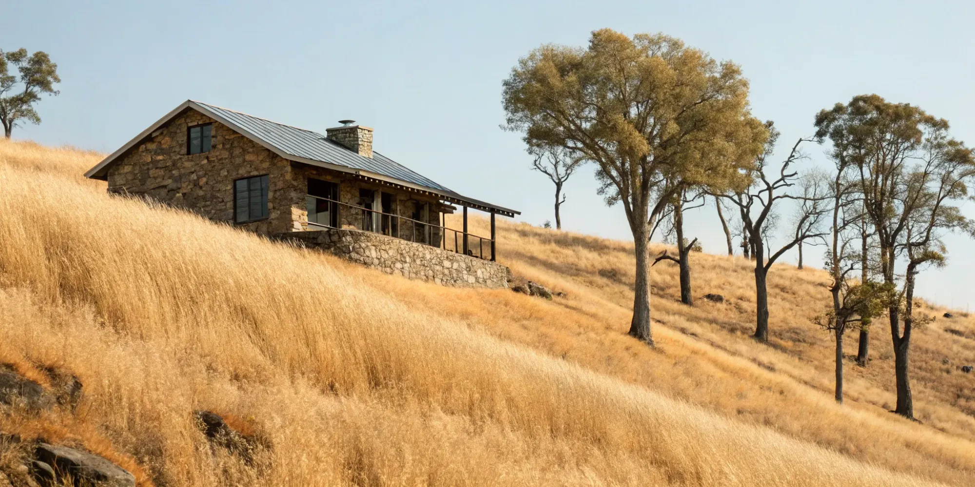 A fire-resistant home with a metal roof and stone siding built on a hillside with defensible space for wildfire defense.