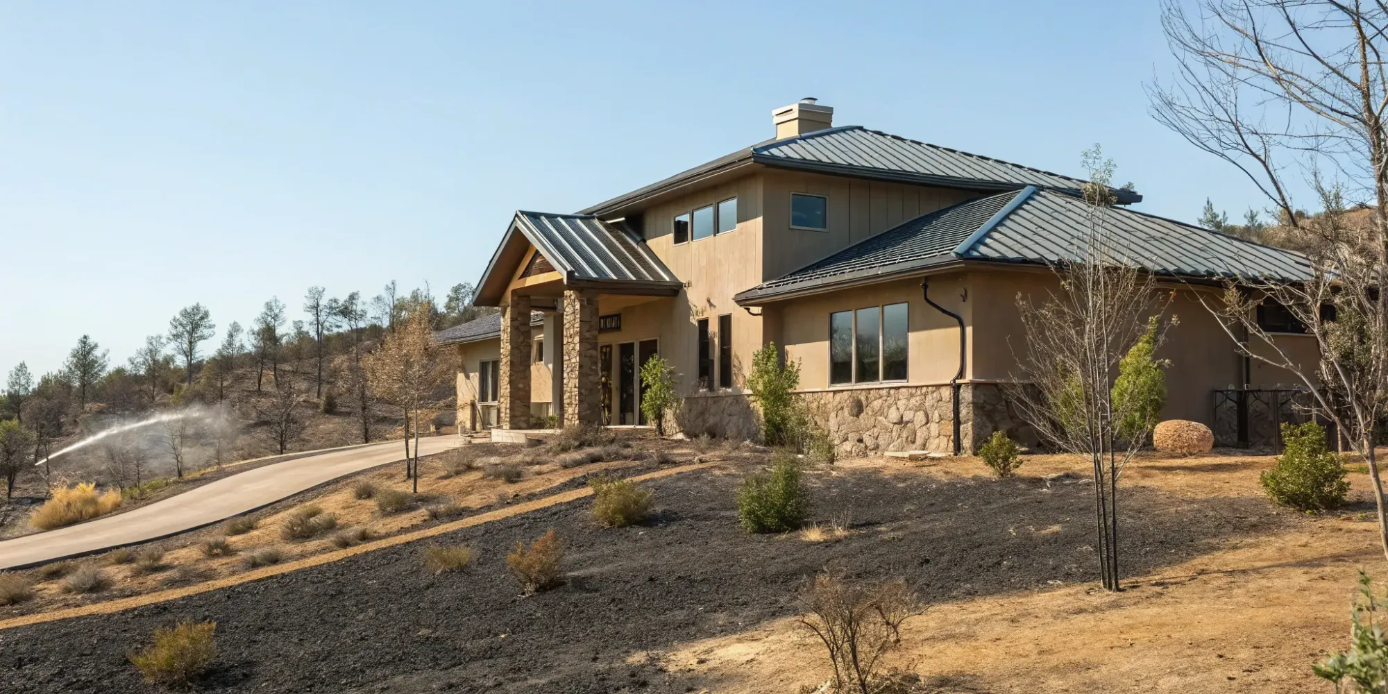 A home showcasing wildfire proof building techniques like a fire-resistant roof and defensible space.