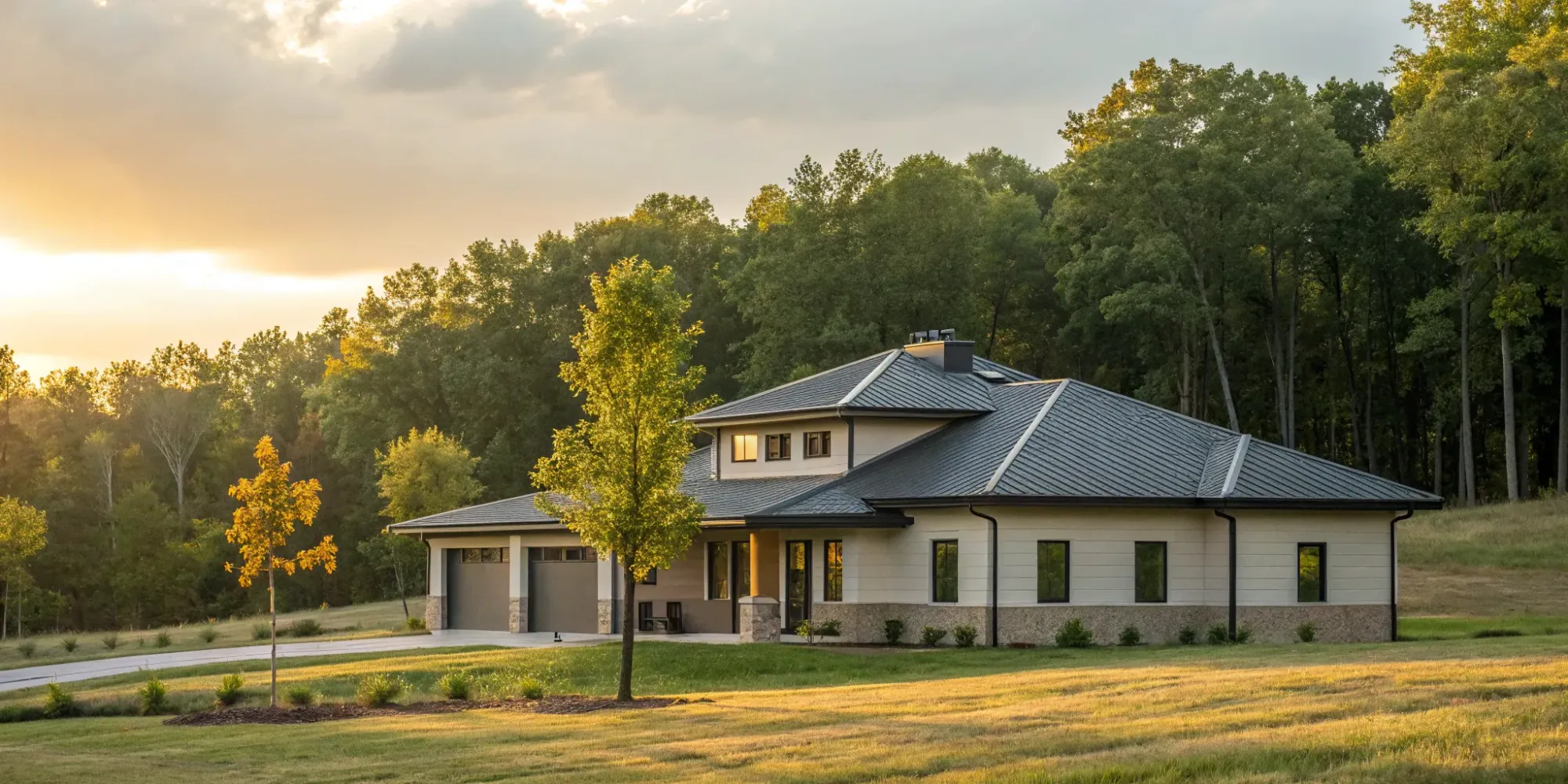 A modern house designed for fire resistance with a metal roof and defensible landscaping.