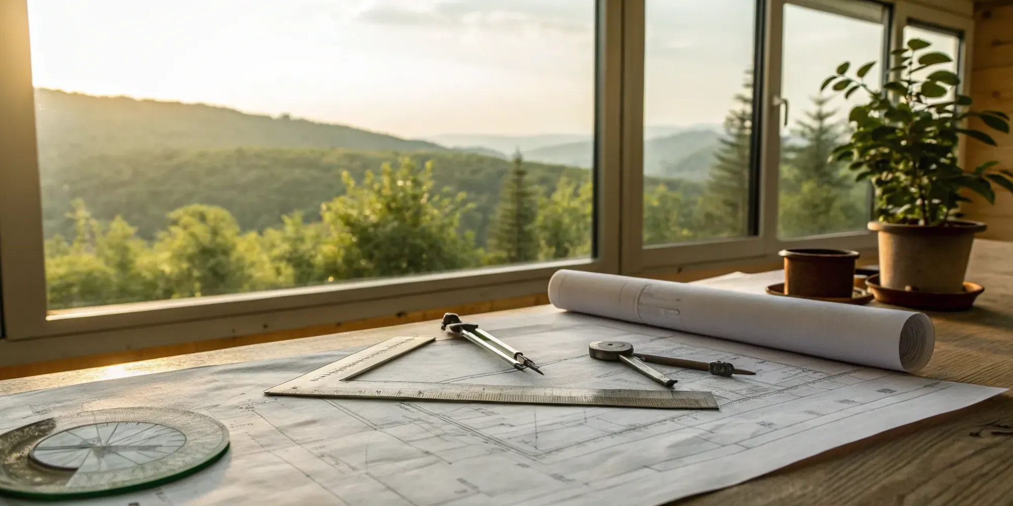 Checking a home building plan for compliance with blueprints and tools on a desk.