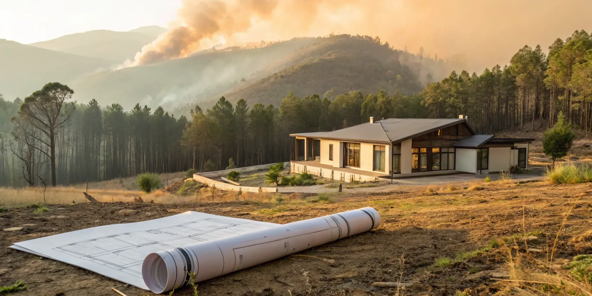 Building plans for a home in Oregon's WUI, following fire-resistant building codes with wildfire smoke nearby.