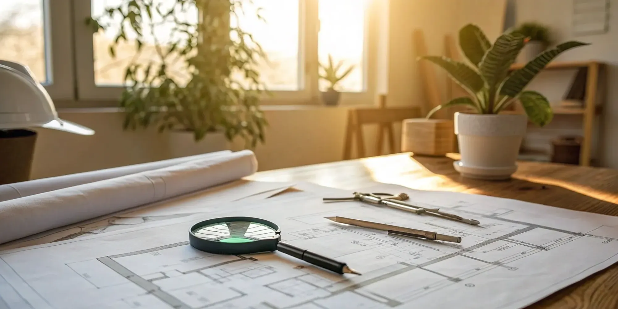 Building plan with a magnifying glass undergoing a code review service.