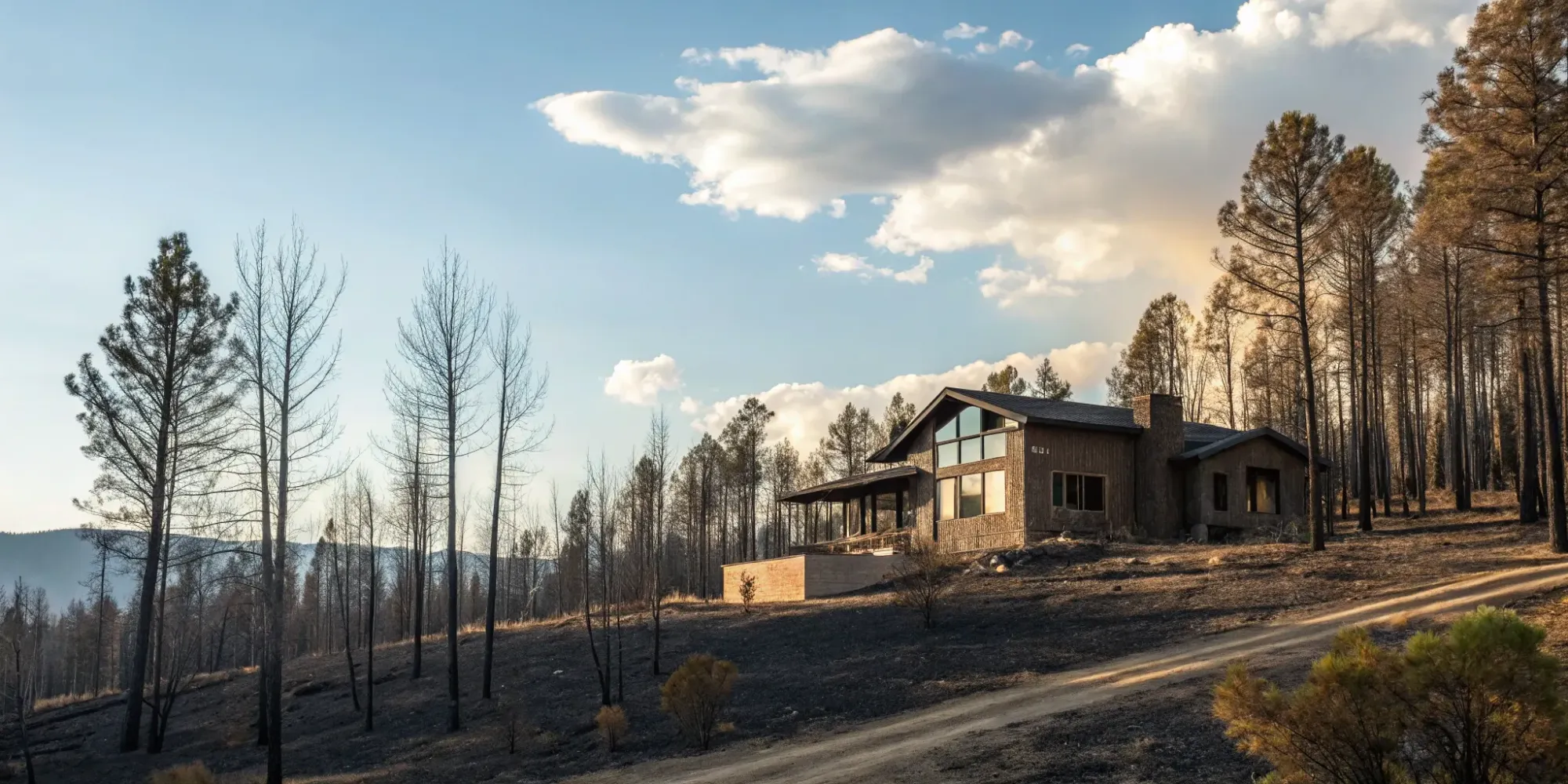 A home stands intact among burnt trees, a result of wildfire building code compliance.