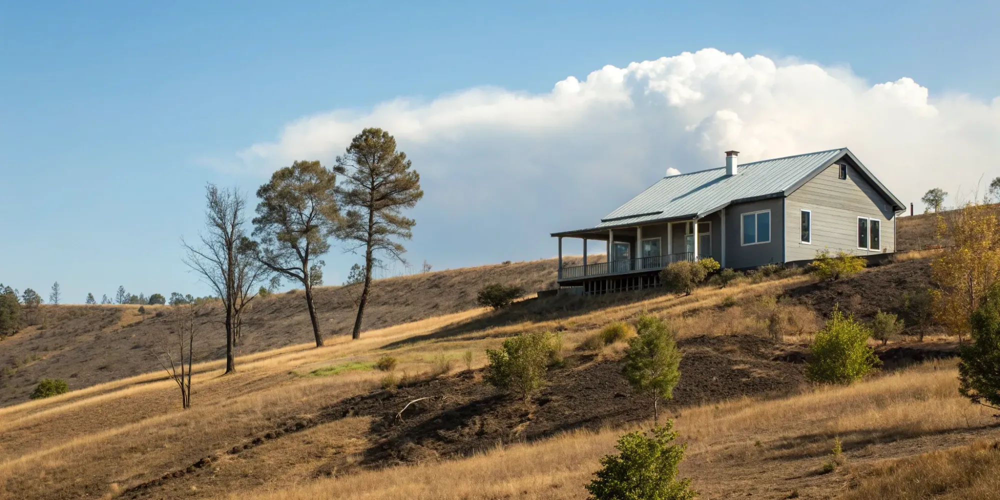 A modern building in the WUI constructed according to wildfire safety code standards.