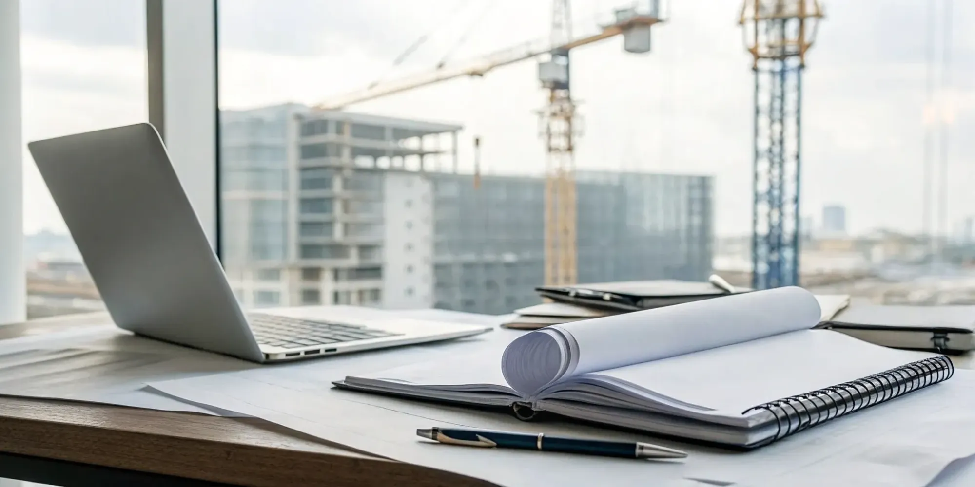 Construction plan and compliance checklist on a desk with a building site view.