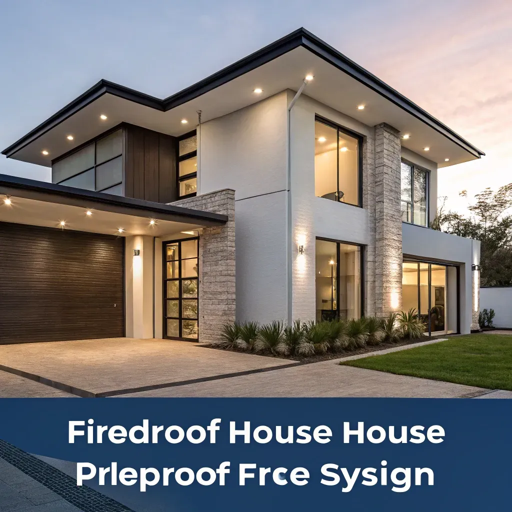 A fireproof house designed with non-combustible materials and defensible space landscaping.