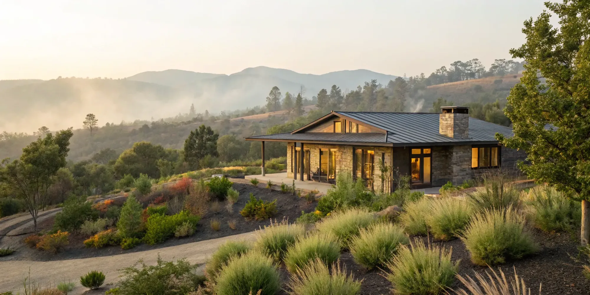 California fire-resistant home design with a metal roof and defensible space landscaping.