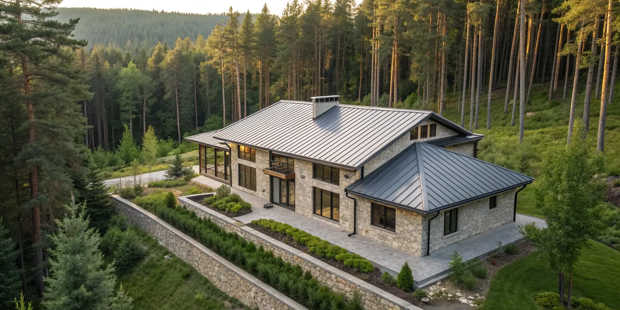 A modern house built with safe room materials like reinforced stone and a steel roof.