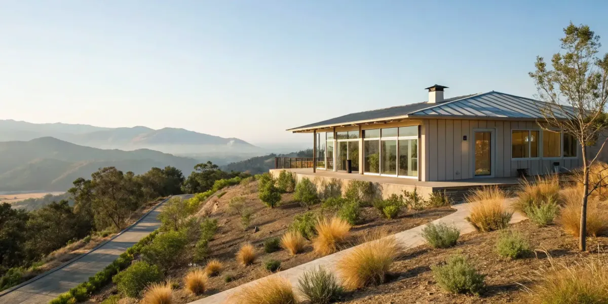 Modern California home built with fire-resistant materials and surrounded by a defensible space.