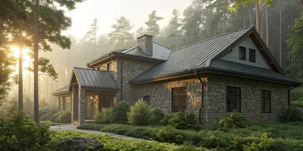 A modern home built with high-security building materials like stone and a reinforced metal roof.