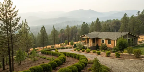 Home built using wildfire mitigation strategies, featuring a defensible space and fire-safe materials.