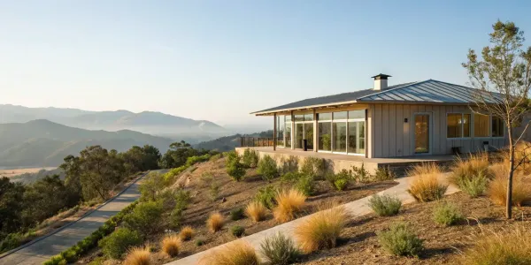 Modern California home built with fire-resistant materials and surrounded by a defensible space.