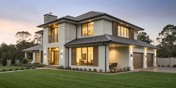 A modern home applying a fire-resistant design checklist with defensible space landscaping.
