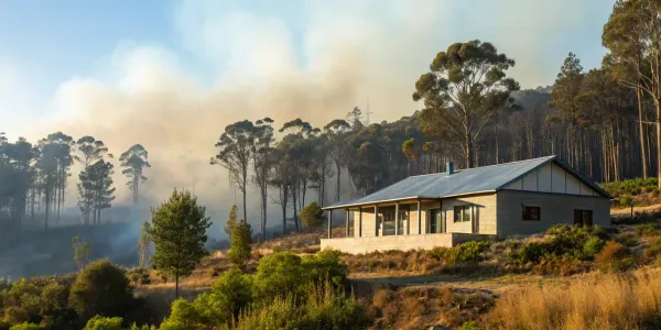 A home built to wildfire building regulations with a smoky forest fire in the background.