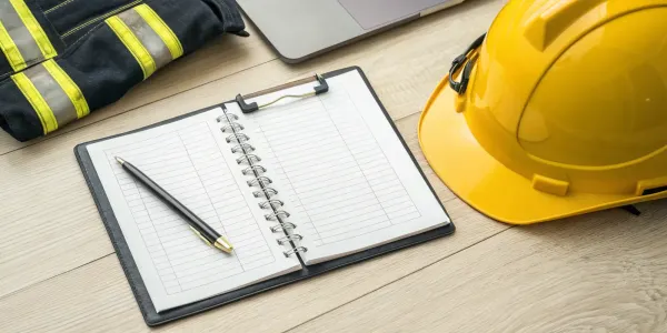 WUI code compliance checklist with safety gear for wildfire defense.