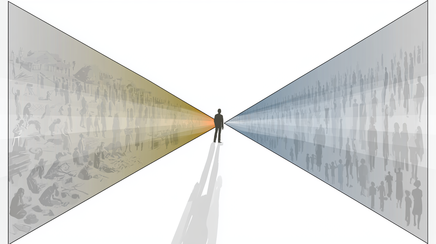 A lone figure stands at the meeting point of 2 expanding cones of light with a past stretching back through countless ancestors and a future stretching forward through generations yet to come