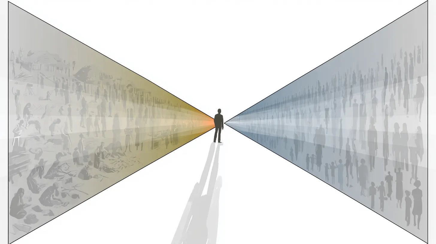 A lone figure stands at the meeting point of 2 expanding cones of light with a past stretching back through countless ancestors and a future stretching forward through generations yet to come