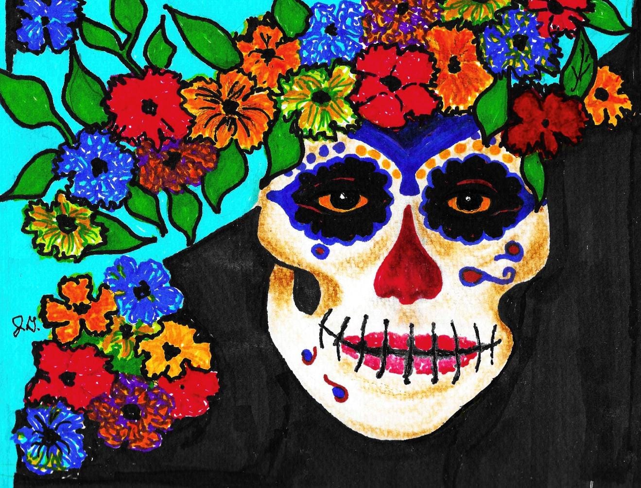 Colorful painting of a Day of the Dead skull surrounded by bright flowers.