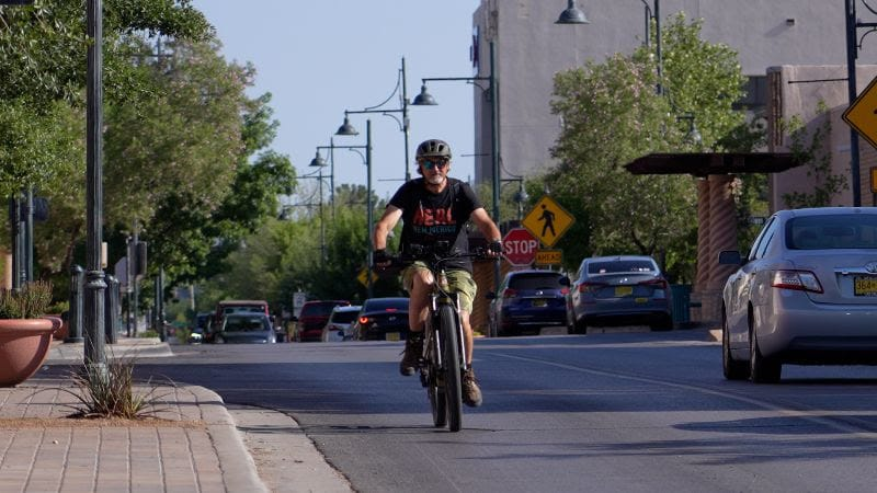 Cyclist wearing a helmet rides down a city street lined with trees, cars, and street lamps on a sunny day