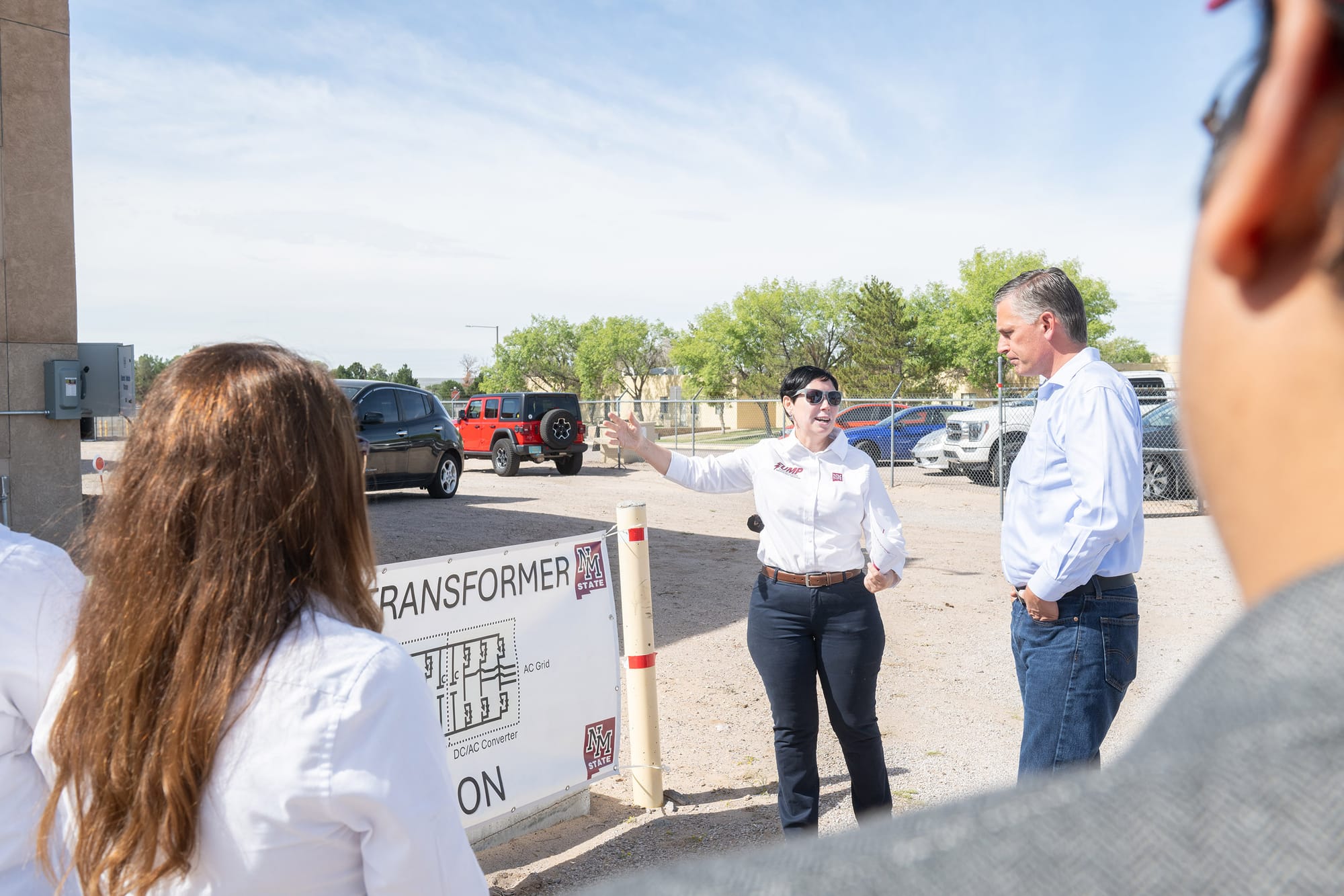 NMSU professor Olga Lavrova talks with U.S. Sen. Martin Heinrich during a tour of the university’s Photovoltaic Test Center.