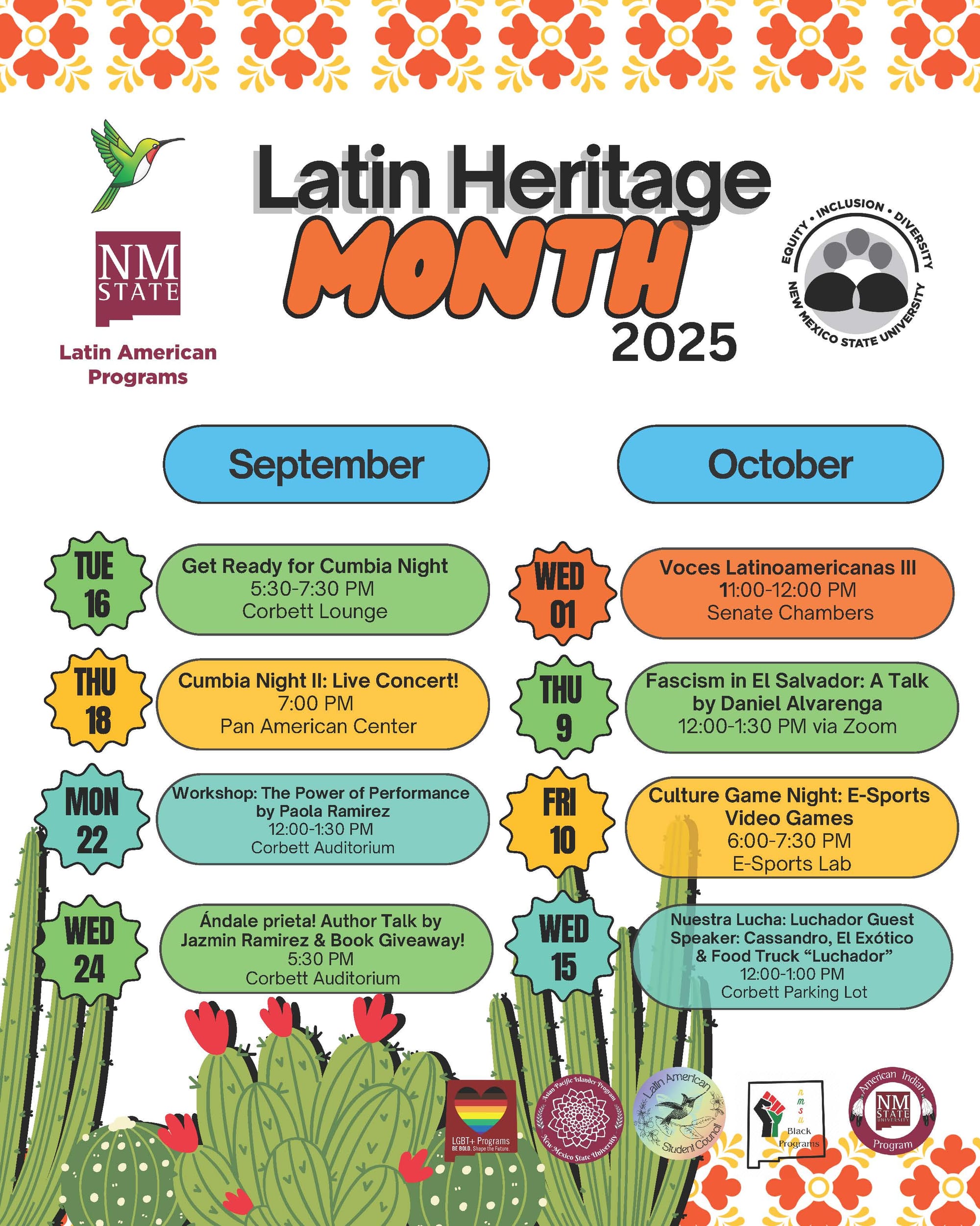 Flyer for NMSU Latin Heritage Month 2025, featuring a hummingbird, orange floral border, cactus artwork and a schedule of events in September and October.