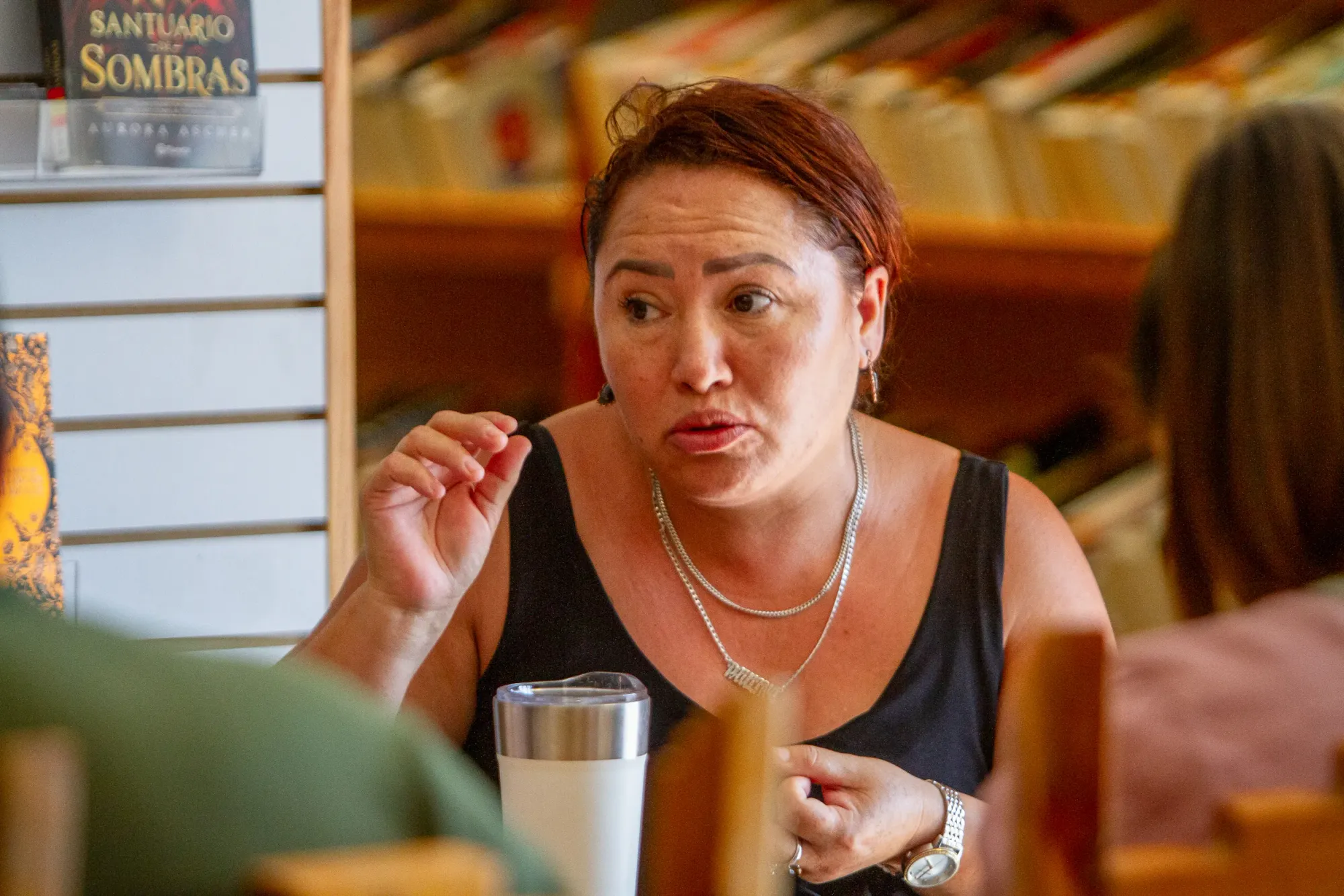 Paulina Reyna speaks during a community gathering at the Sunland Park library, where Doña Ana County residents discussed the potential effects of a proposed $165 billion data center.