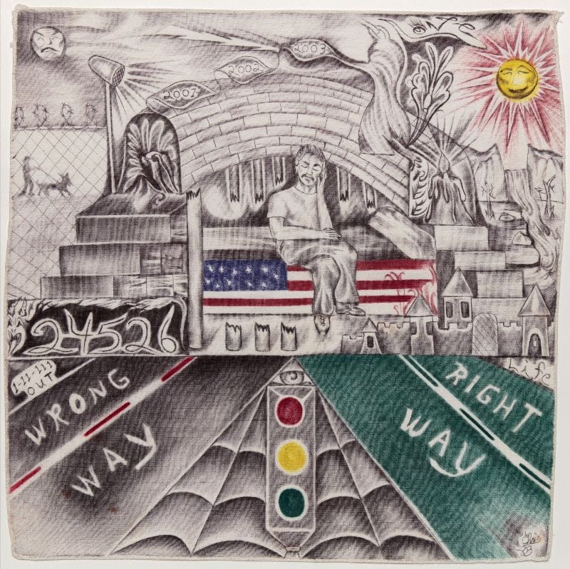 Detailed drawing showing a man seated on a bench draped in an American flag, surrounded by symbolic prison and spiritual imagery with “Wrong Way” and “Right Way” written below.