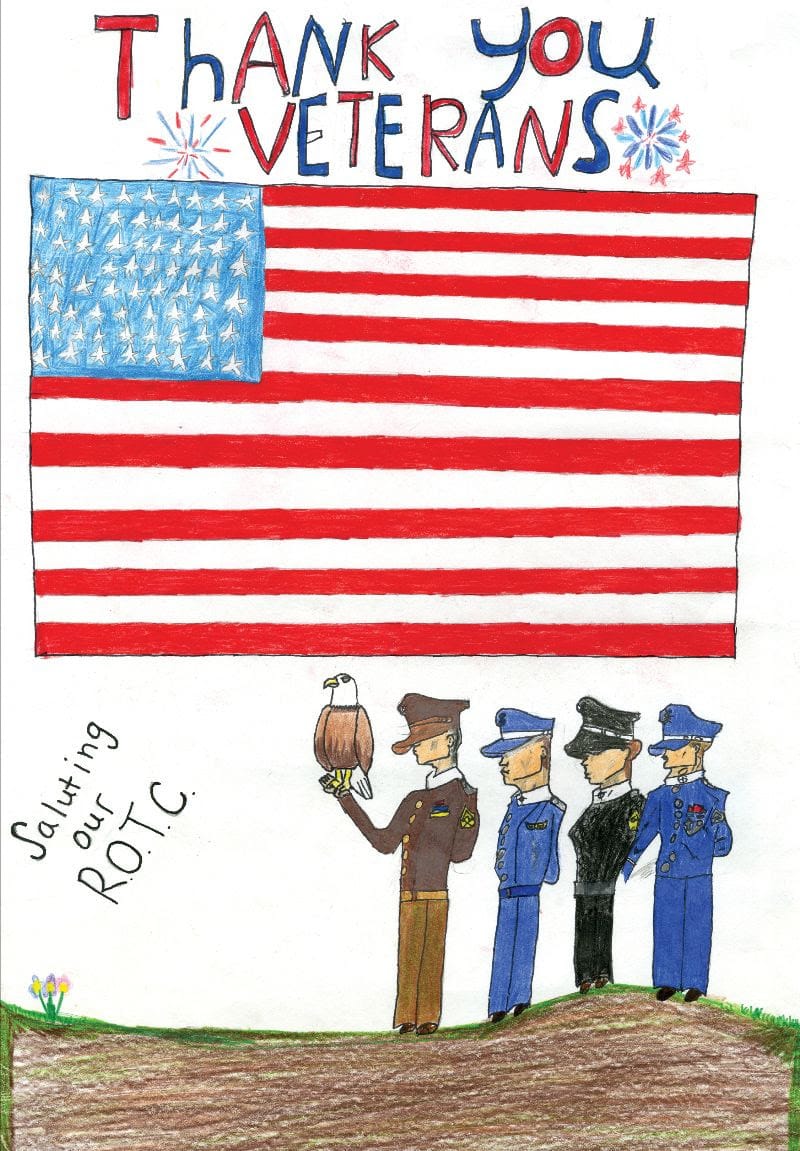 Child’s drawing of four uniformed service members saluting beneath an American flag with the words “Thank you Veterans” written above and “Saluting our R.O.T.C.” beside them.