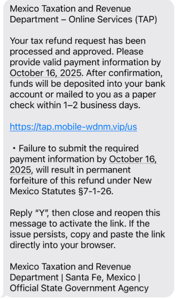 Screenshot of a fake text message claiming to be from the New Mexico Taxation and Revenue Department, asking for payment information and linking to a fraudulent website.