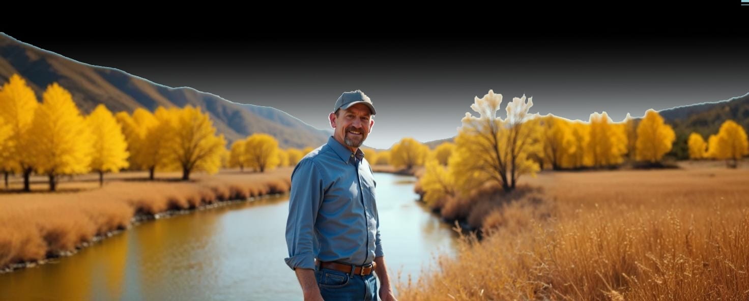 Rio Rancho Mayor Gregg Hull stands beside a river lined with golden trees and mountains in the background.