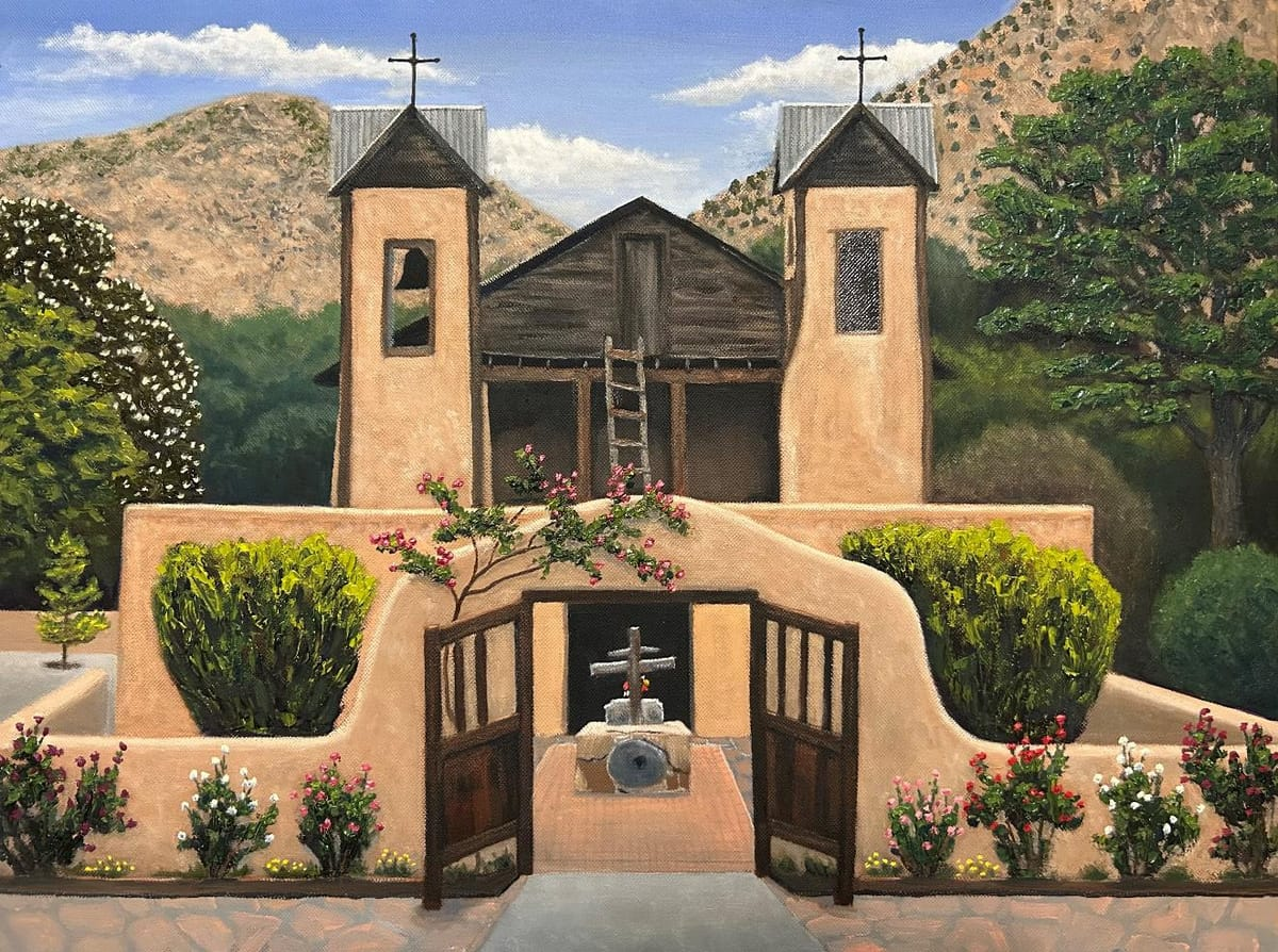 Oil painting of an adobe mission-style church with two bell towers, wooden doors, flowering bushes, and mountains in the background under a bright blue sky.