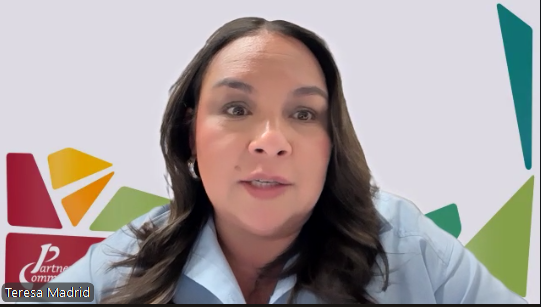 Teresa Madrid, executive director of the Partnership for Community Action, appears onscreen during a webinar discussion on the 2025 National Latino Family Report.