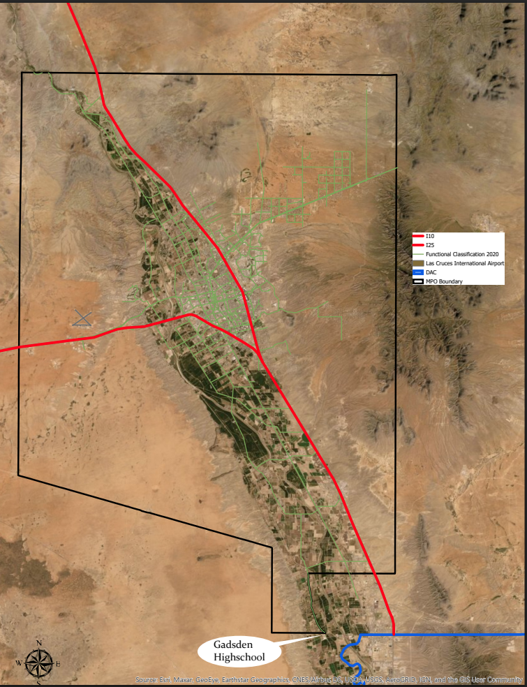 A satellite map shows the Mesilla Valley MPO planning area, including the Las Cruces region, major roadways and the boundary where the bicycle community representative would serve.