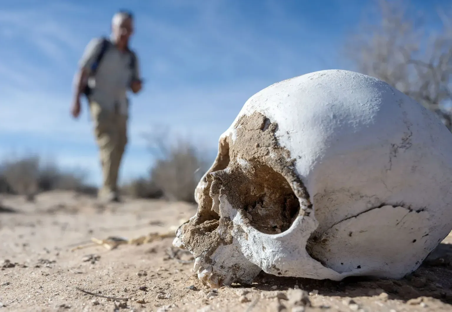 A human skull partially buried in desert sand, with a person walking in the background.